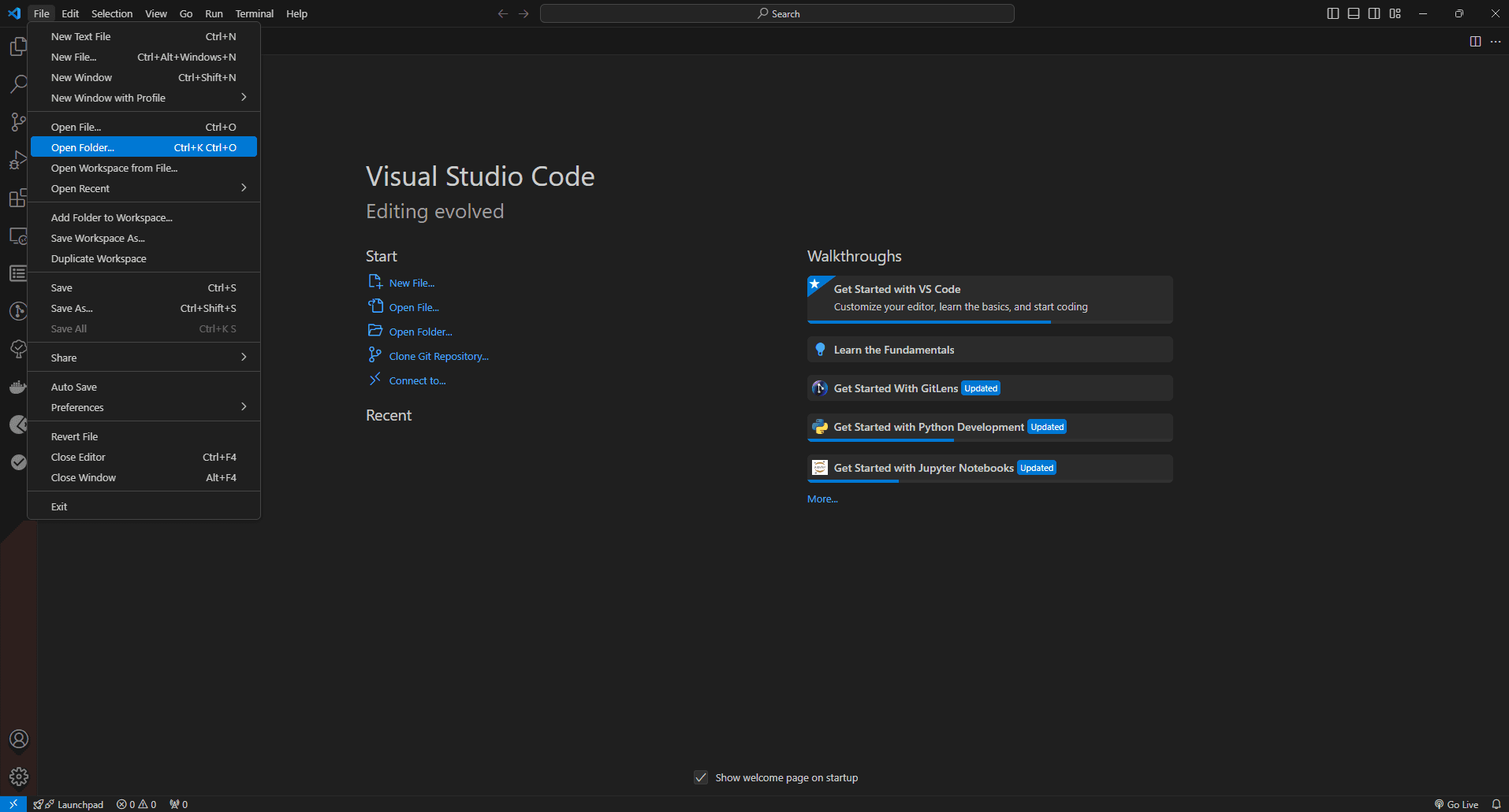 Open project folder in visual studio code.