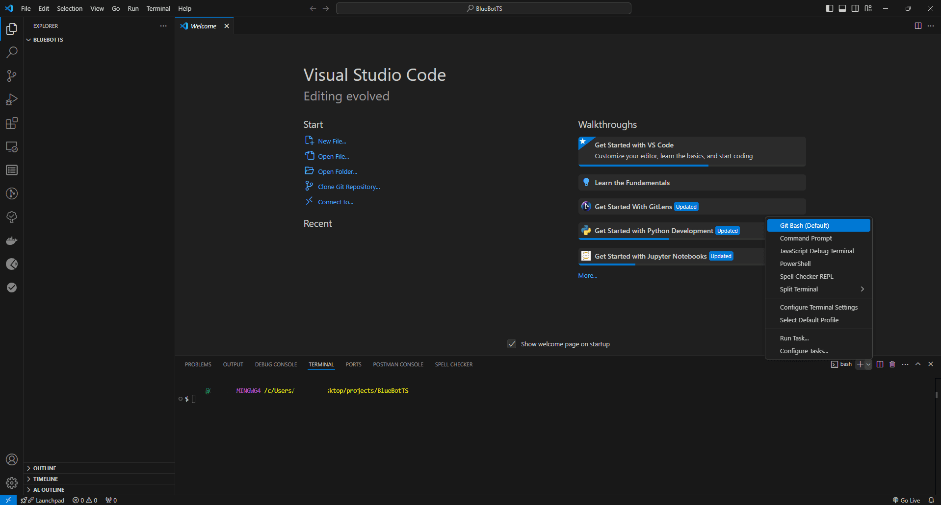 Switching terminal in Visual Studio Code.