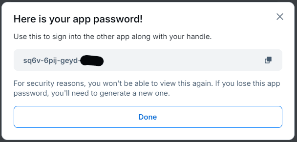 Application password dialog for Bluesky.